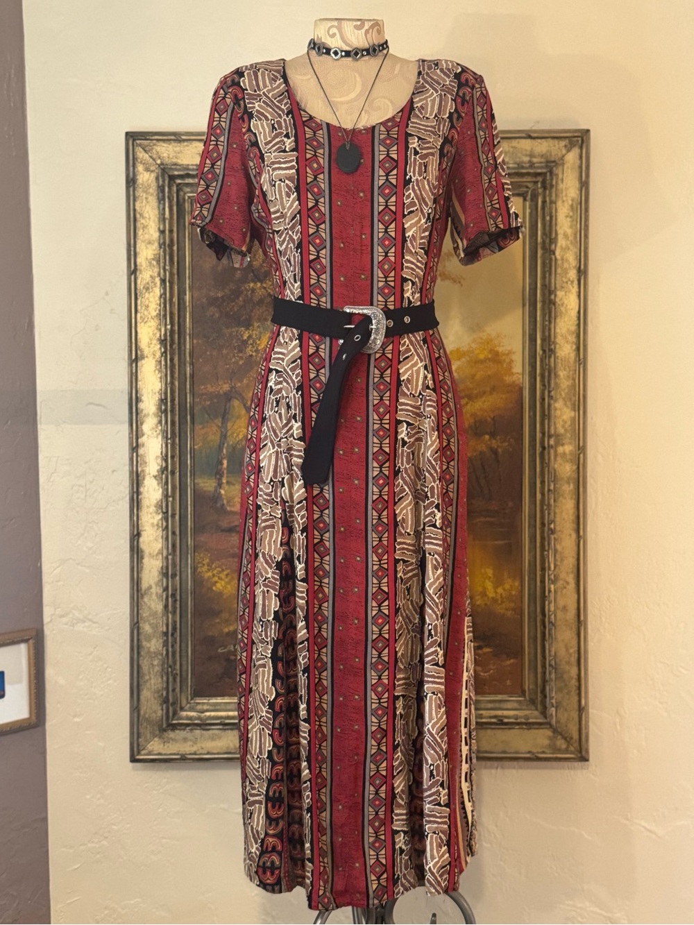 Vintage 80s 90s Boho Western Geometric Maxi Dress